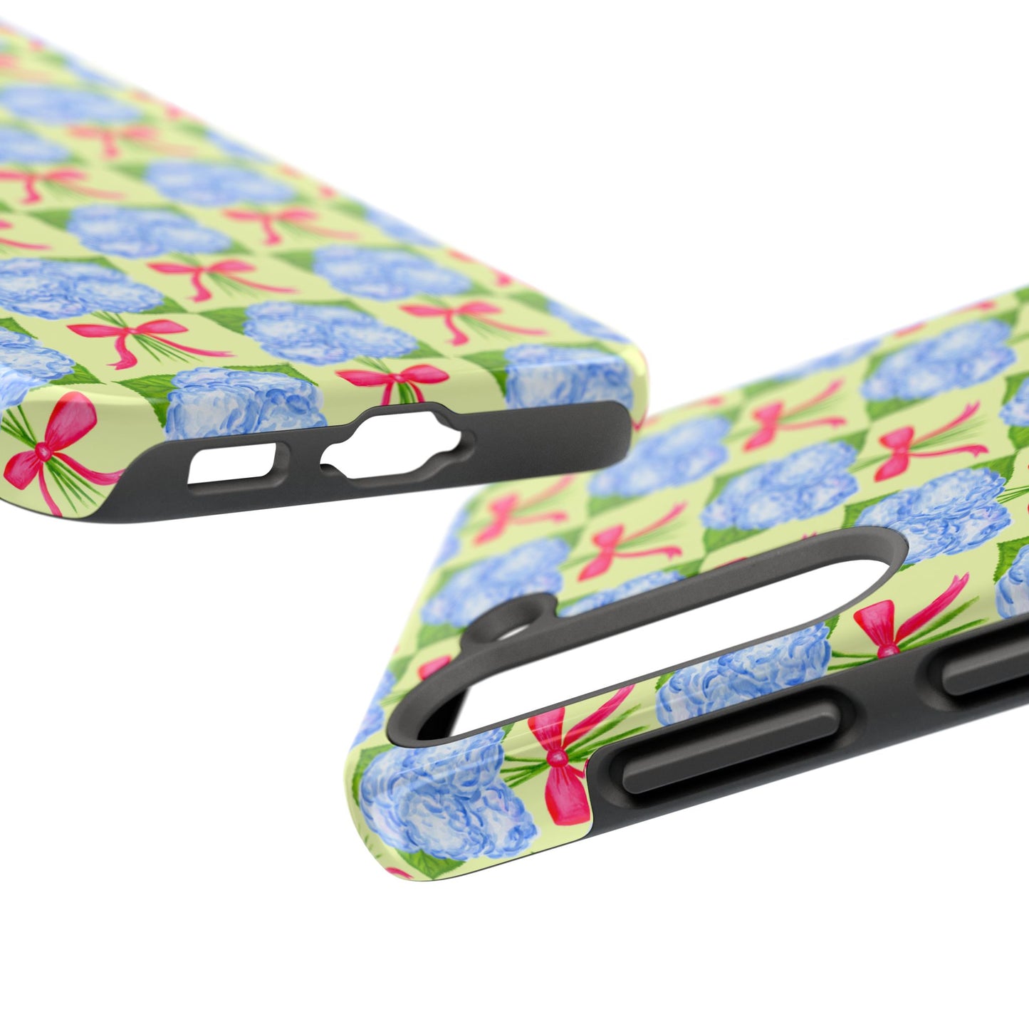 Blue Watercolor Hydrangea Bouquets with Hot Pink Bows Illustrated Patterned Yellow Preppy Grand Millenial Tough Phone Case | Various Models