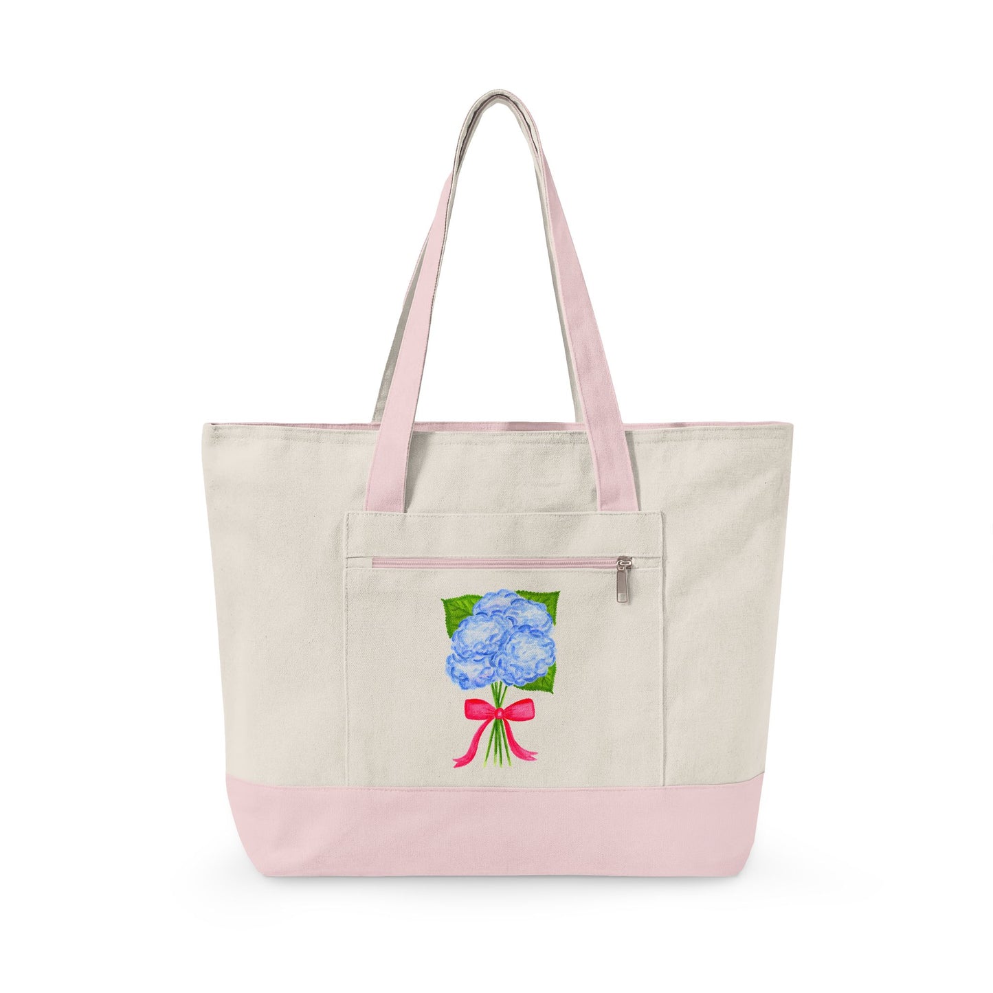 Blue Watercolor Hydrangeas with Hot Pink Bow Illustration Printed Zippered Canvas Tote 18" x 14" | Various Colors