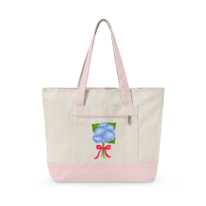 Blue Watercolor Hydrangeas with Hot Pink Bow Illustration Printed Zippered Canvas Tote 18" x 14" | Various Colors