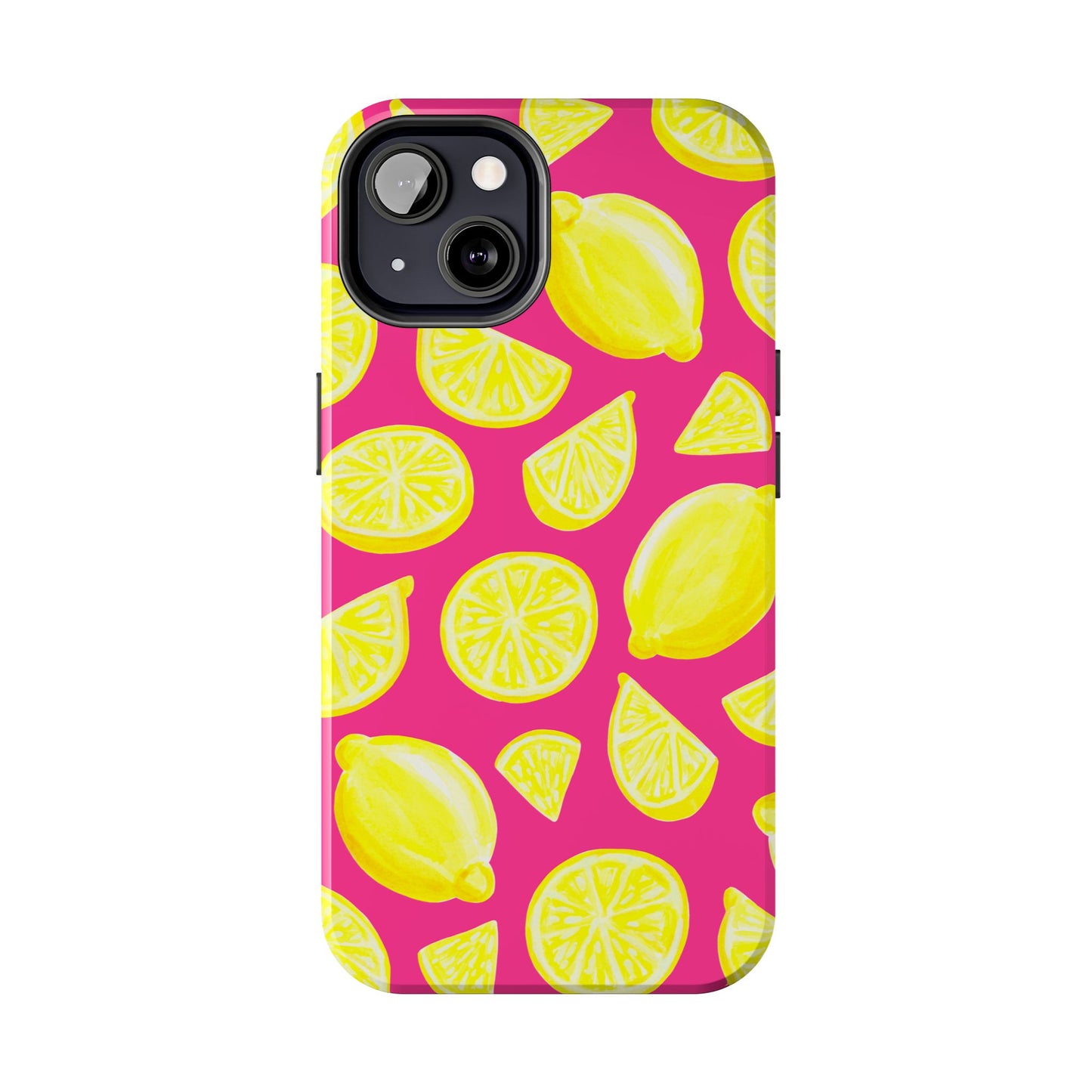 Bright Yellow Lemons Watercolor Illustrated Tossed Pattern Watermelon Pink Tough Phone Case | Various Models
