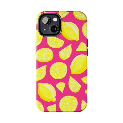Bright Yellow Lemons Watercolor Illustrated Tossed Pattern Watermelon Pink Tough Phone Case | Various Models