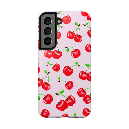 Tossed Red Watercolor Cherries Illustrated Pattern Light Pink Tough Phone Case | Various Models