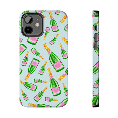 Tossed Pink and Green Watercolor Illustrated Champagne Bottles Pattern Light Blue Tough Phone Case | Various Models