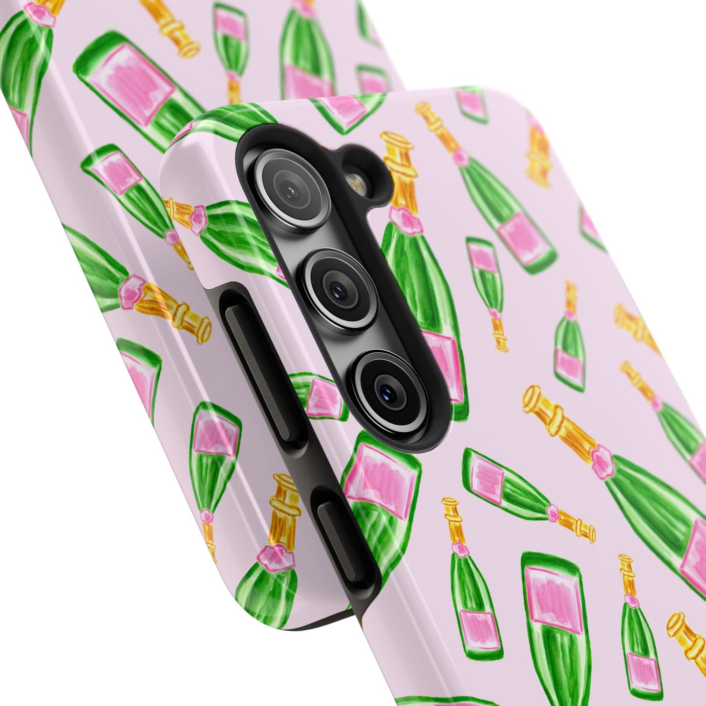 Tossed Pink and Green Watercolor Illustrated Champagne Bottles Pattern Blush Pink Tough Phone Case | Various Models