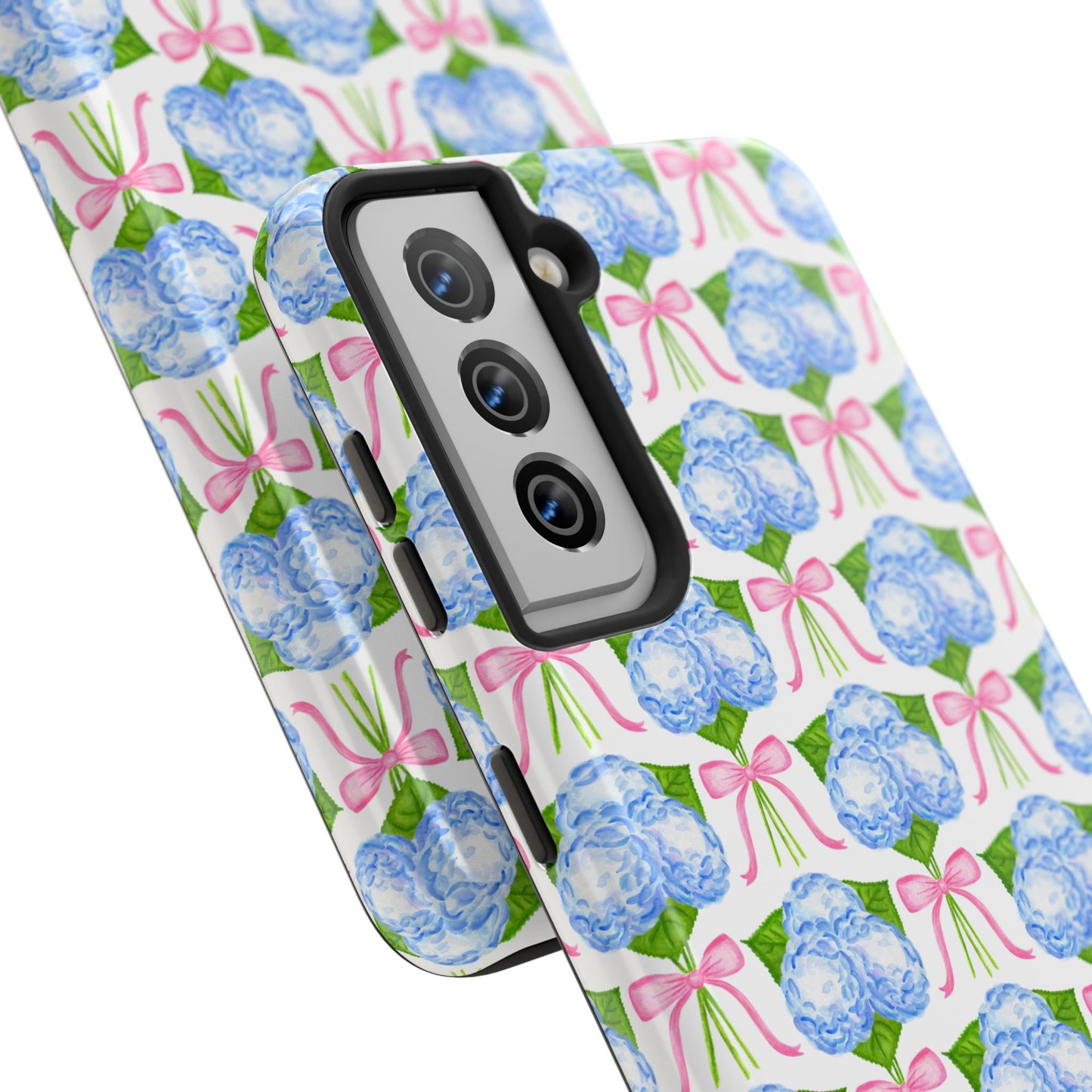 Blue Watercolor Hydrangea Bouqets with Light Pink Bows Watercolor Illustrated Patterned Tough Phone Case | Various Models