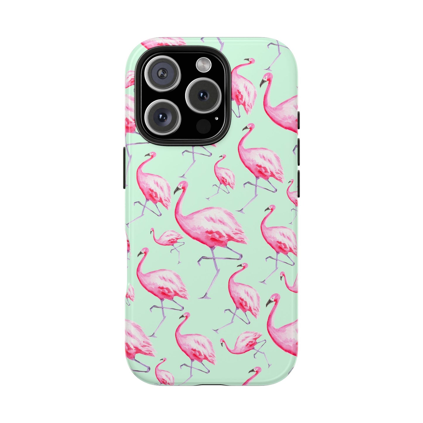Pink Flamingos Watercolor Illustrated Tossed Pattern Green Phone Case | Various Models iPhone 16 Pro