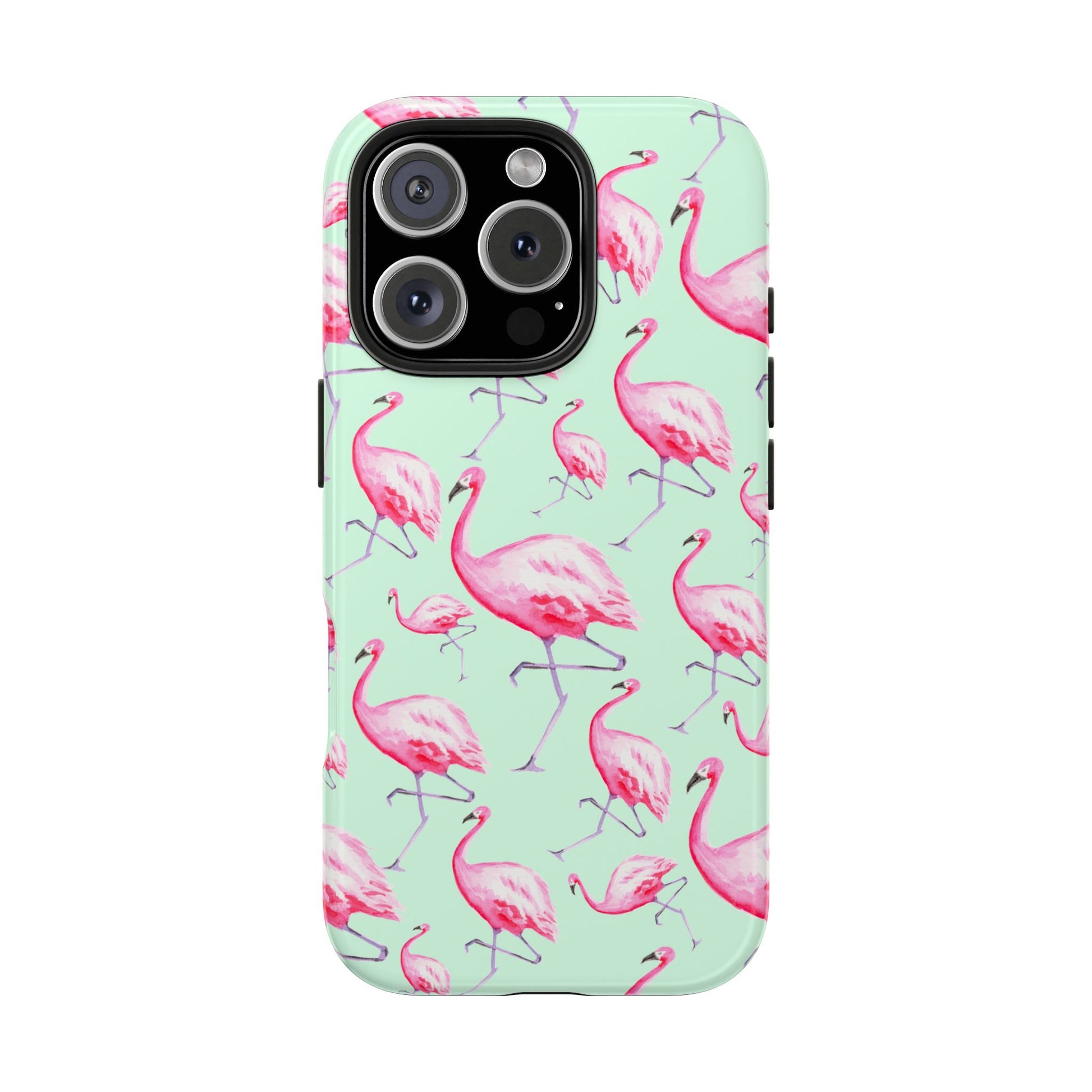 Pink Flamingos Watercolor Illustrated Tossed Pattern Green Phone Case | Various Models iPhone 16 Pro