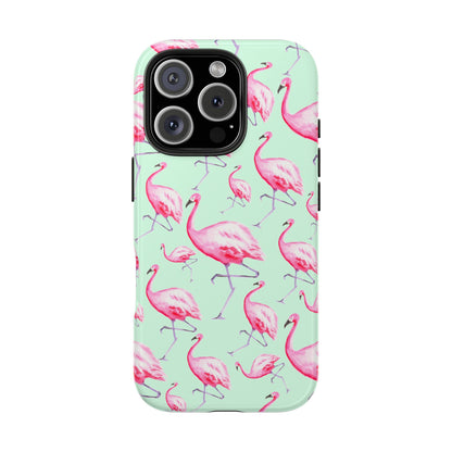 Pink Flamingos Watercolor Illustrated Tossed Pattern Green Phone Case | Various Models iPhone 16 Pro