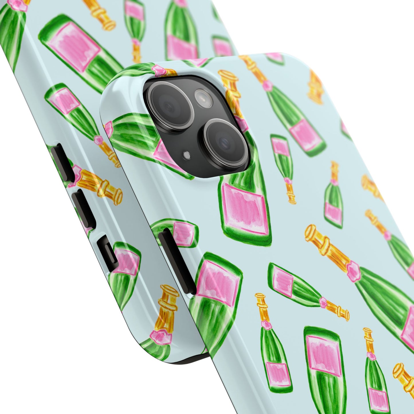 Tossed Pink and Green Watercolor Illustrated Champagne Bottles Pattern Light Blue Tough Phone Case | Various Models