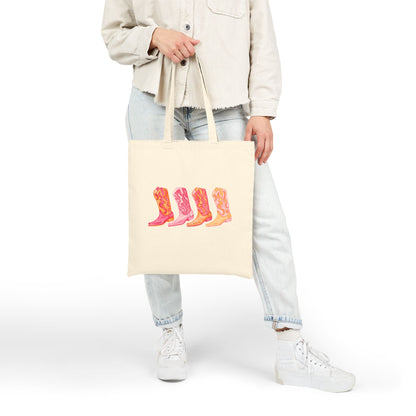 Canvas Tote | Row of Hot Pink and Orange Cowboy Boot Watercolor Illustrated Tote Bag | Western Preppy Gift | Coastal Cowgirl Market Tote