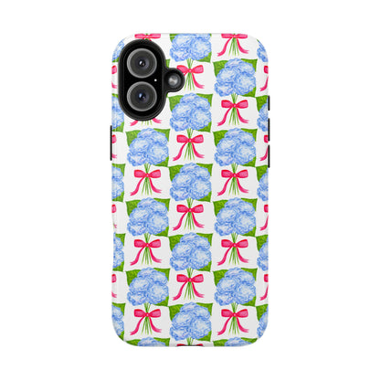 Blue Watercolor Hydrangea Bouquets with Hot Pink Bows Illustrated Patterned Tough Phone Case | Various Models