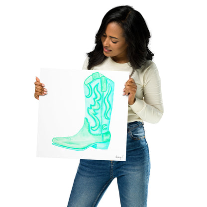 Print | Watercolor Mint Turquoise Cowboy Boot 14″×14″