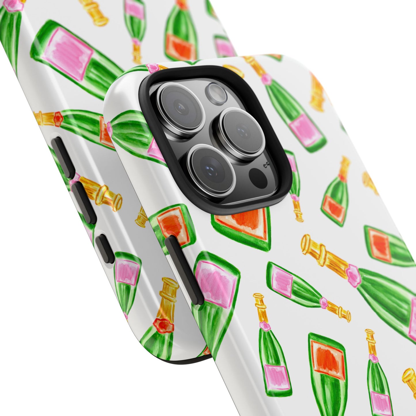 Tossed Pink and Green & Orange and Green Watercolor Illustrated Champagne Bottles Pattern Tough Phone Case | Various Models