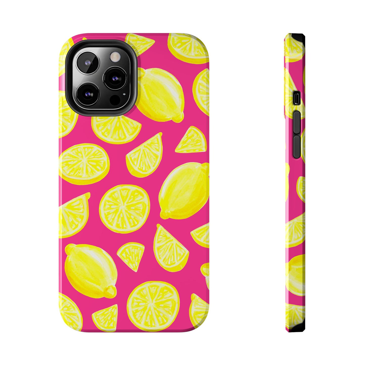 Bright Yellow Lemons Watercolor Illustrated Tossed Pattern Watermelon Pink Tough Phone Case | Various Models