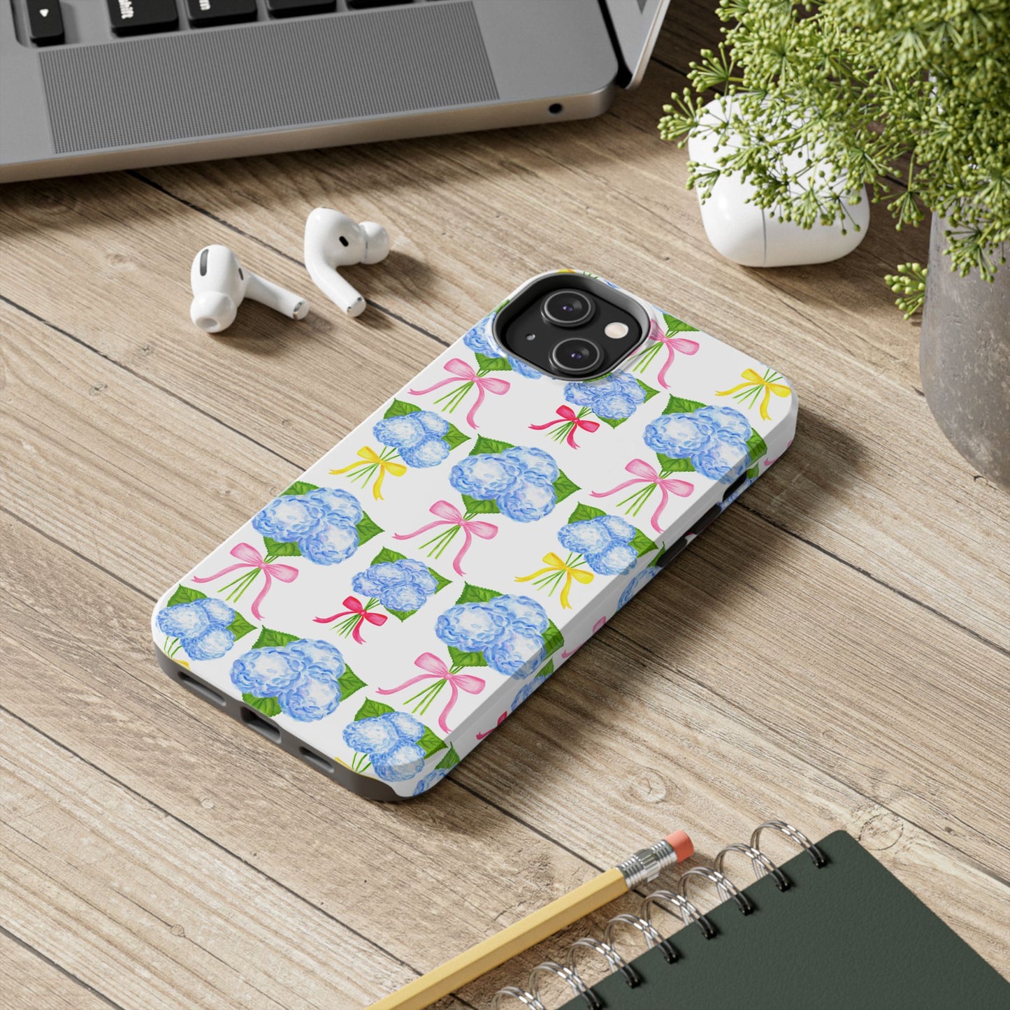 Blue Hydrangeas with Hot Pink, Yellow, Light Pink Bows Watercolor Illustrated Patterned Tough Phone Case | Various Models