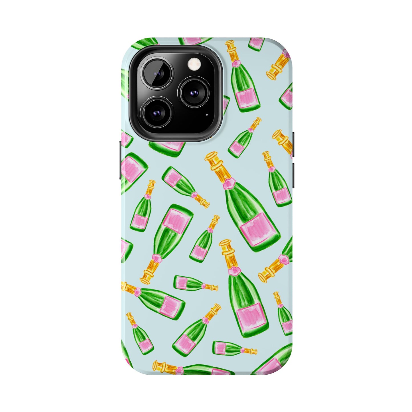 Tossed Pink and Green Watercolor Illustrated Champagne Bottles Pattern Light Blue Tough Phone Case | Various Models