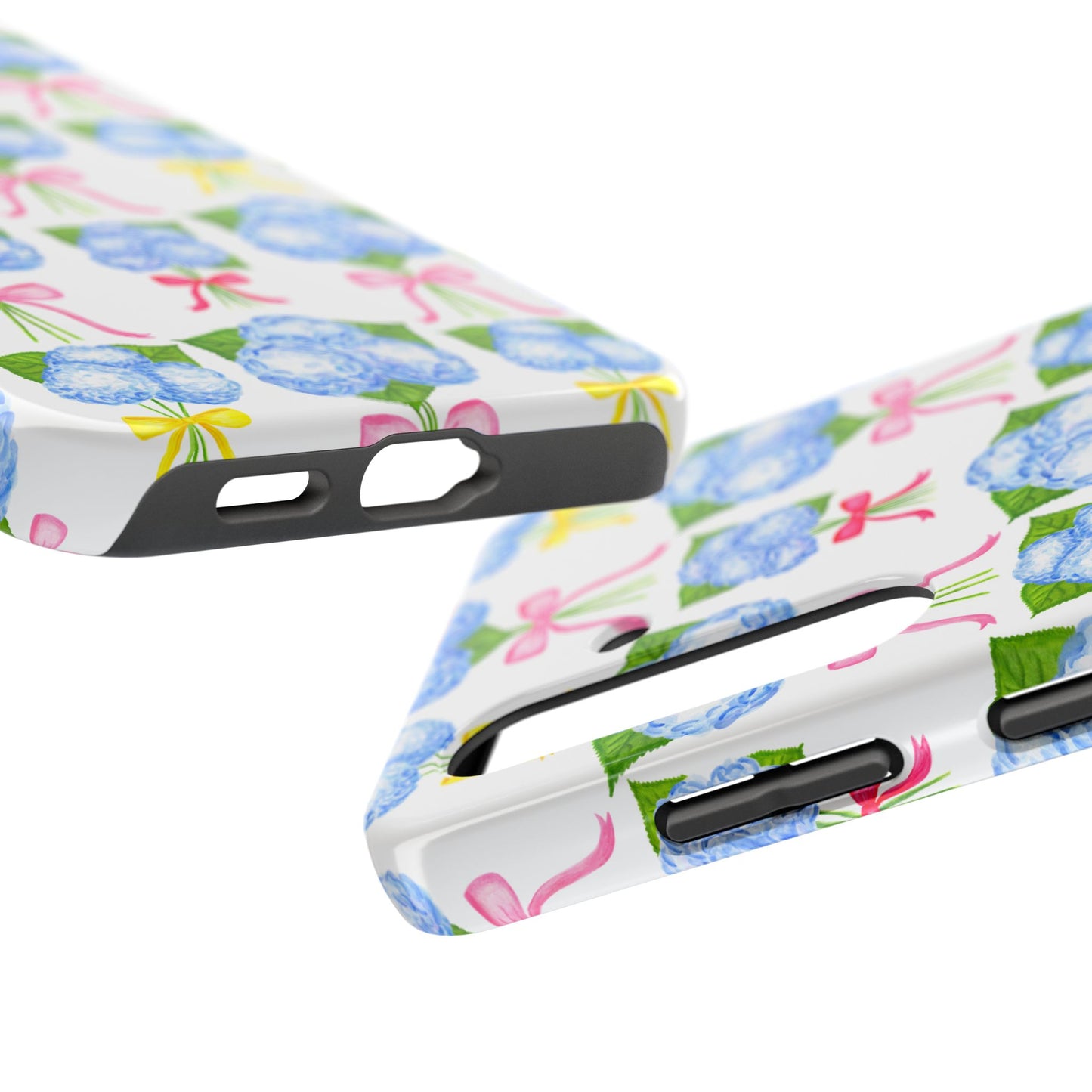Blue Hydrangeas with Hot Pink, Yellow, Light Pink Bows Watercolor Illustrated Patterned Tough Phone Case | Various Models