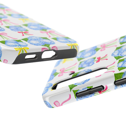 Blue Hydrangeas with Hot Pink, Yellow, Light Pink Bows Watercolor Illustrated Patterned Tough Phone Case | Various Models