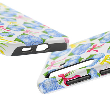 Blue Watercolor Hydrangea Bunches with Hot Pink, Yellow, Light Pink Bows Illustrated Patterned Tough Phone Case | Various Models