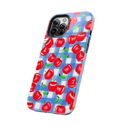 Tossed Red Cherries Blue Gingham Checkered Watercolor Illustrated Tough Phone Case | Various Models