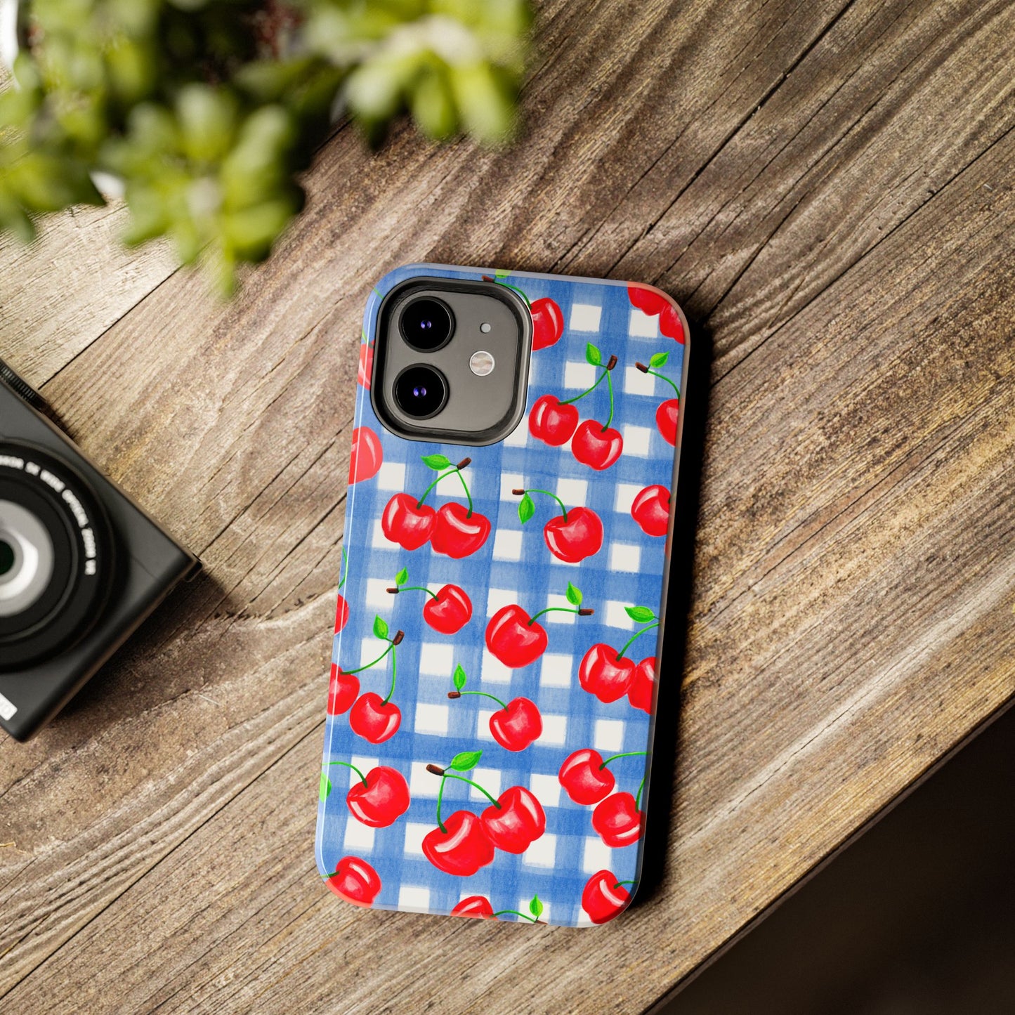 Tossed Red Watercolor Illustrated Cherries Light Blue Gingham Tough Phone Case | Various Models