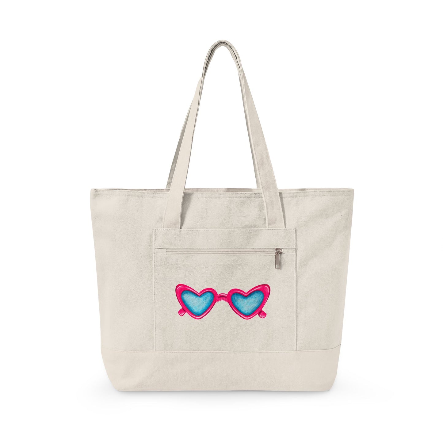 Hot Pink Heart Shaped Sunglasses Printed Zippered Canvas Tote 18" x 14" | Various Colors 18" x 14" x 4.5" Natural