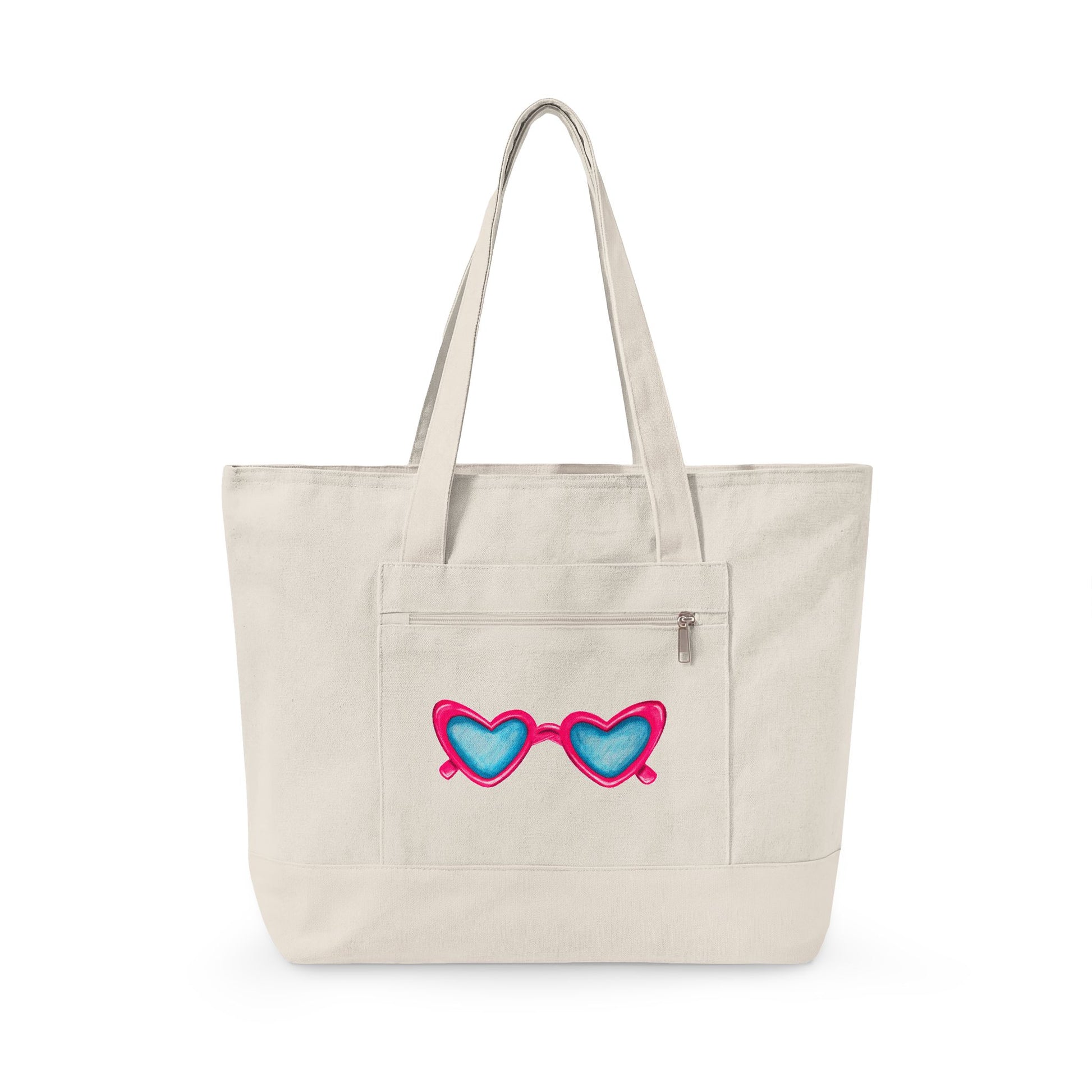 Hot Pink Heart Shaped Sunglasses Printed Zippered Canvas Tote 18" x 14" | Various Colors 18" x 14" x 4.5" Natural