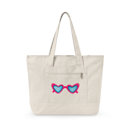 Hot Pink Heart Shaped Sunglasses Printed Zippered Canvas Tote 18" x 14" | Various Colors 18" x 14" x 4.5" Natural