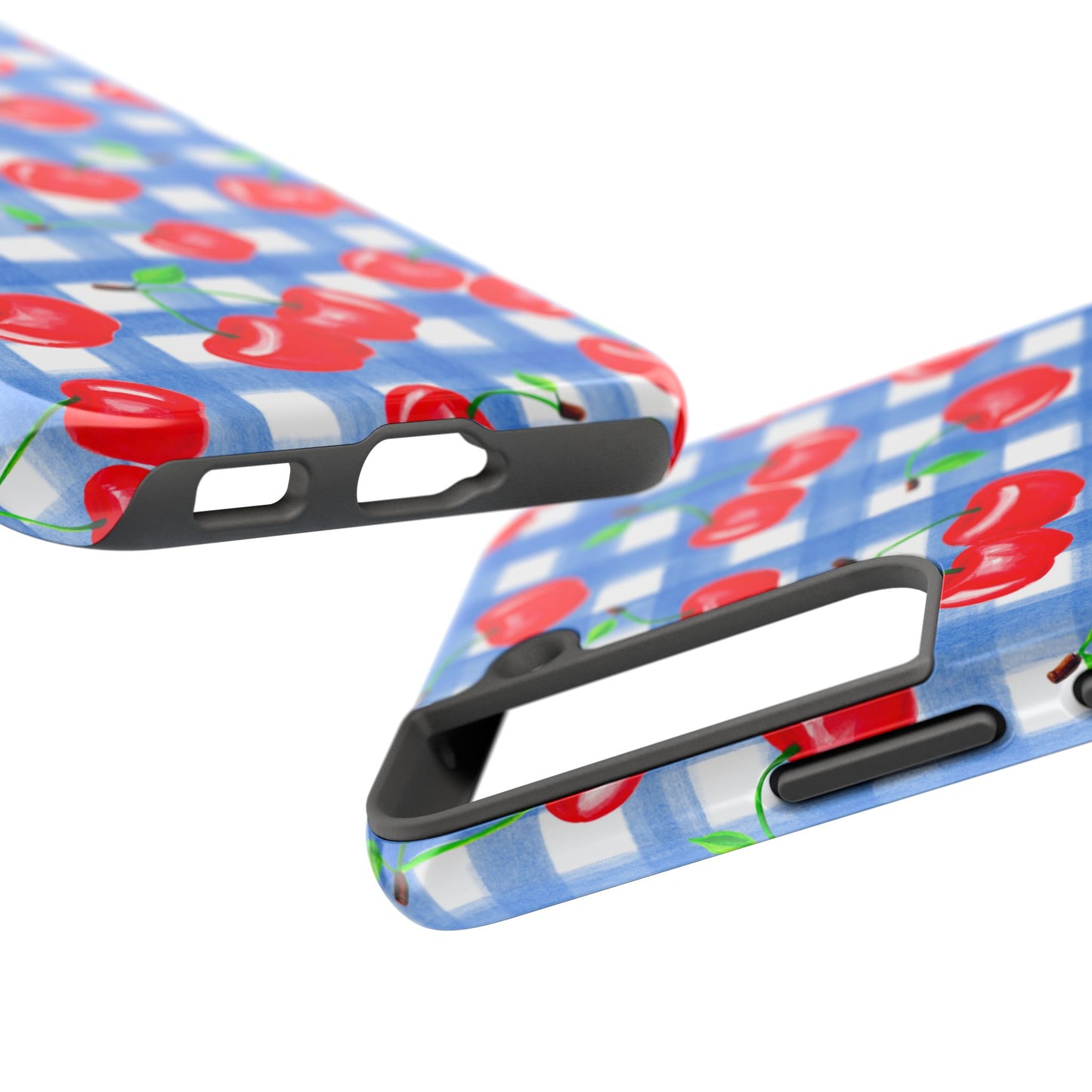 Tossed Red Watercolor Illustrated Cherries Light Blue Gingham Tough Phone Case | Various Models