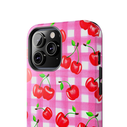 Tossed Red Watercolor Cherries Illustrated Pattern Light Pink Gingham Tough Phone Case | Various Models
