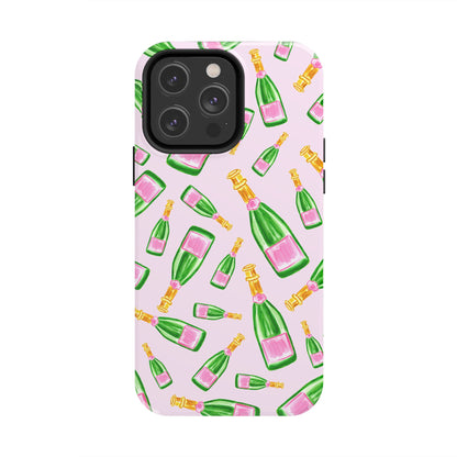 Tossed Pink and Green Watercolor Illustrated Champagne Bottles Pattern Blush Pink Tough Phone Case | Various Models