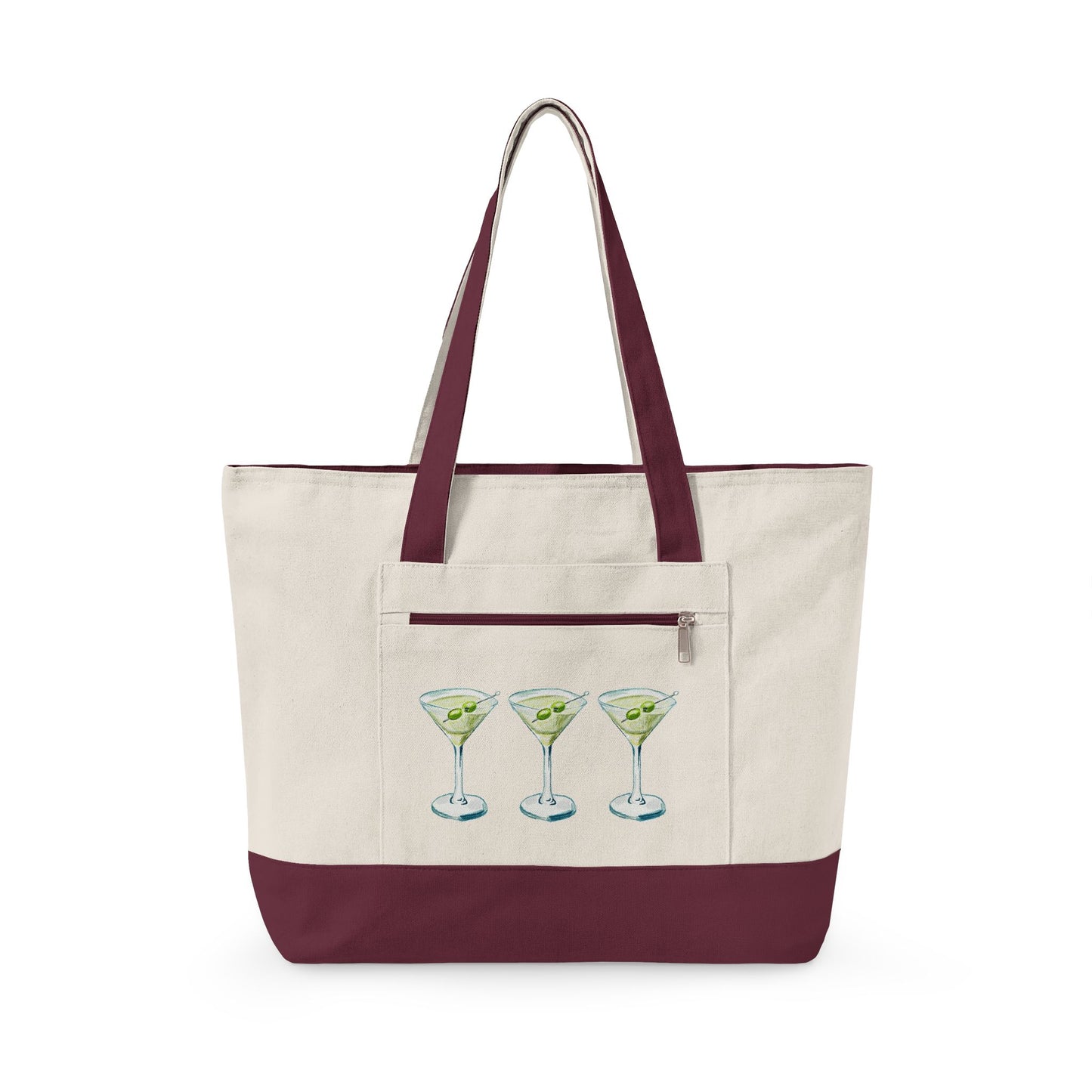 Blue & Green Martini Watercolor Trio Printed Zippered Canvas Tote 18" x 14" | Various Colors 18" x 14" x 4.5" Natural Maroon