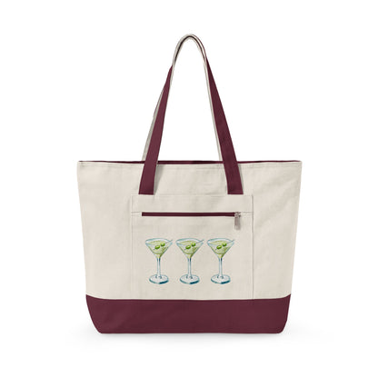 Blue & Green Martini Watercolor Trio Printed Zippered Canvas Tote 18" x 14" | Various Colors 18" x 14" x 4.5" Natural Maroon