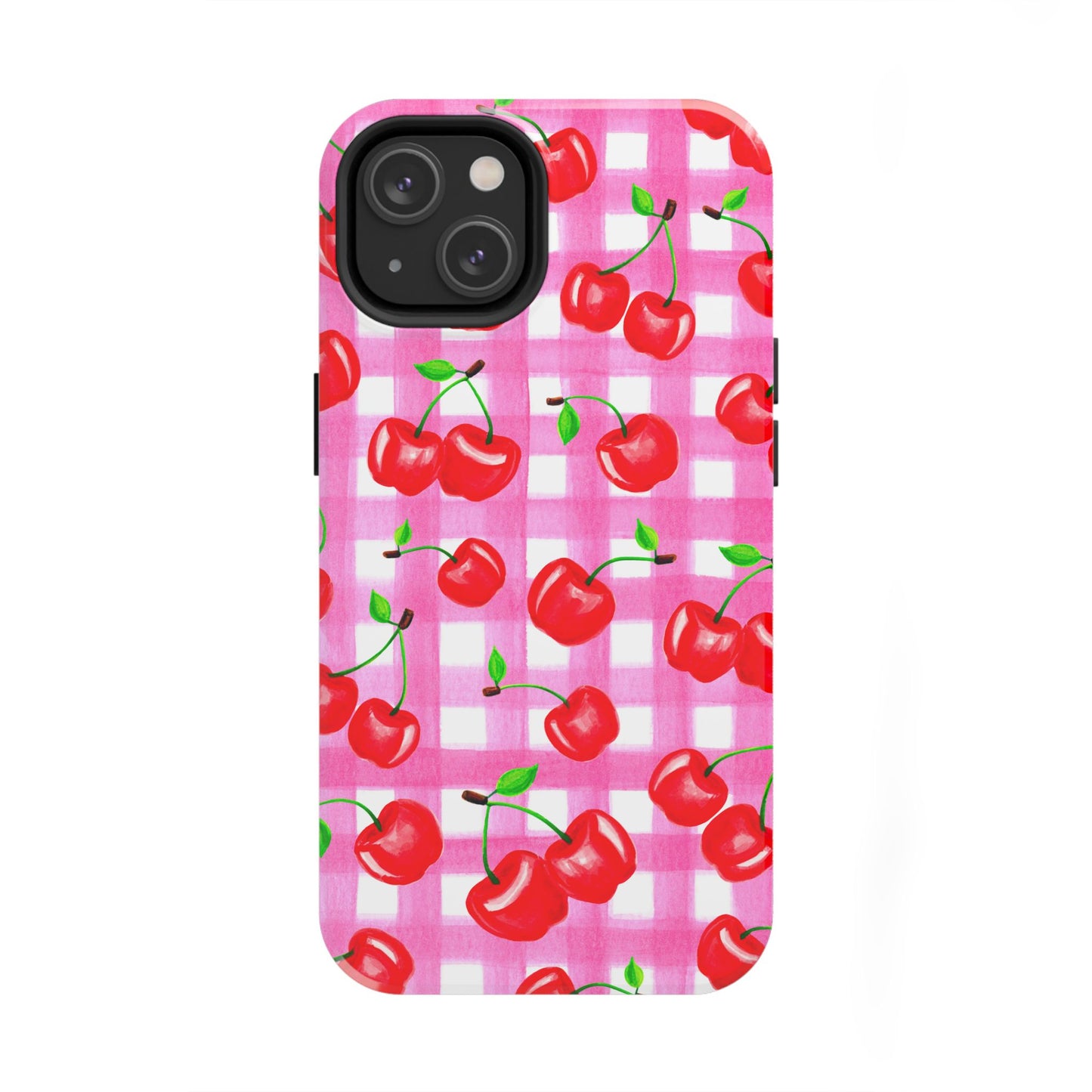 Tossed Red Watercolor Cherries Illustrated Pattern Light Pink Gingham Tough Phone Case | Various Models