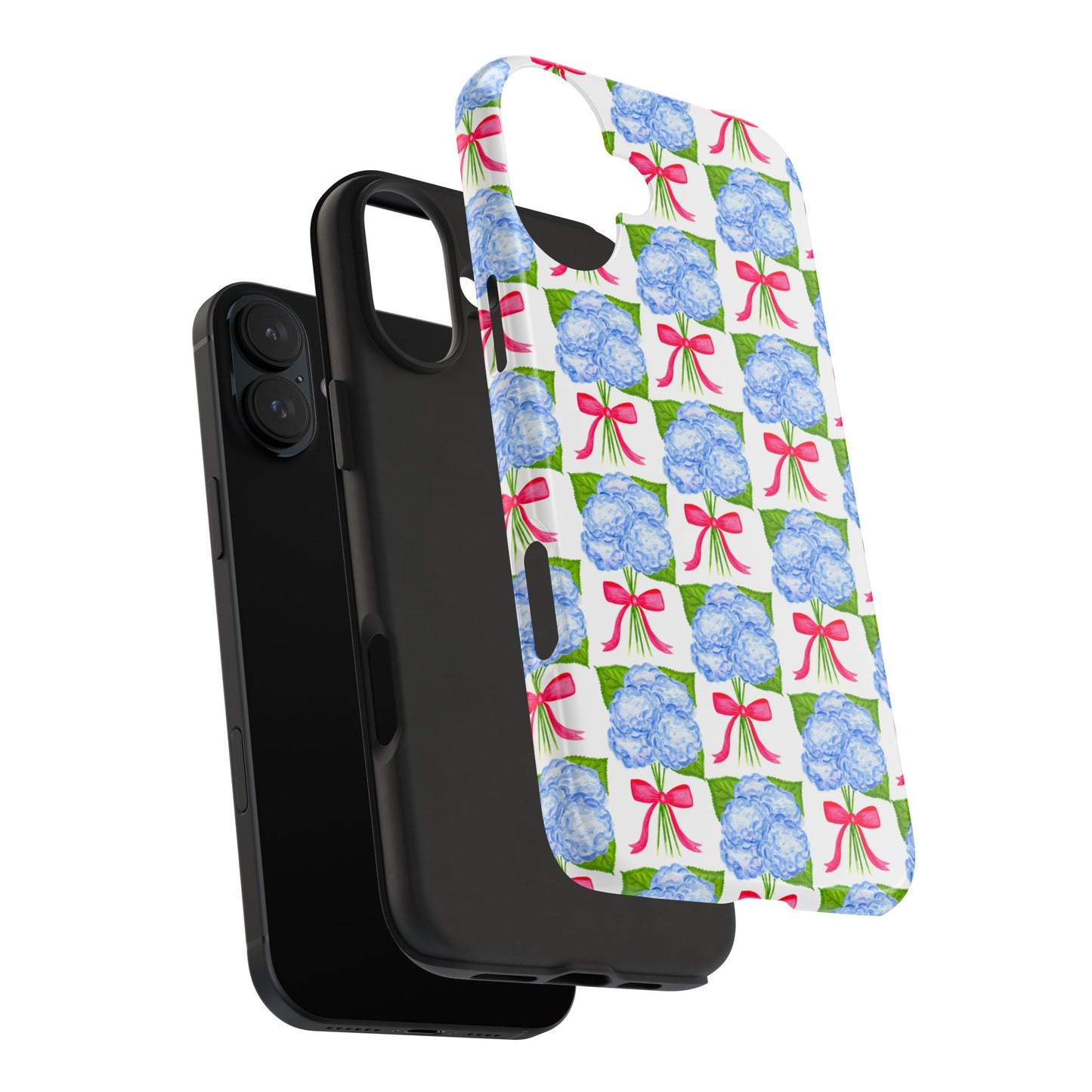 Blue Watercolor Hydrangea Bouquets with Hot Pink Bows Illustrated Patterned Tough Phone Case | Various Models