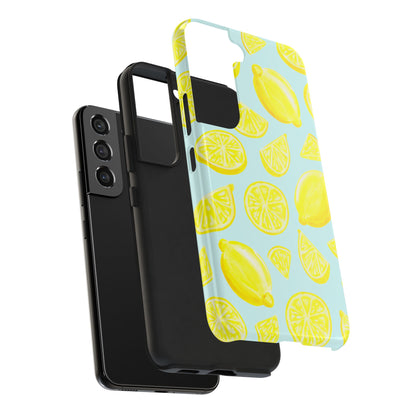 Bright Yellow Lemons Watercolor Illustrated Tossed Pattern Light Blue Tough Phone Case | Various Models