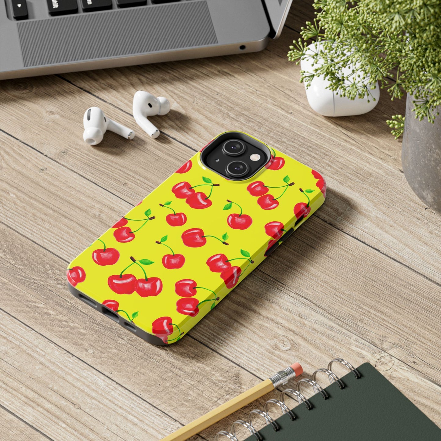 Tossed Red Watercolor Cherries Illustrated Pattern Bright Yellow Tough Phone Case | Various Models