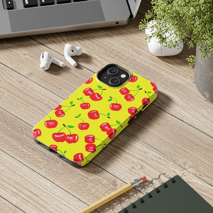 Tossed Red Watercolor Cherries Illustrated Pattern Bright Yellow Tough Phone Case | Various Models