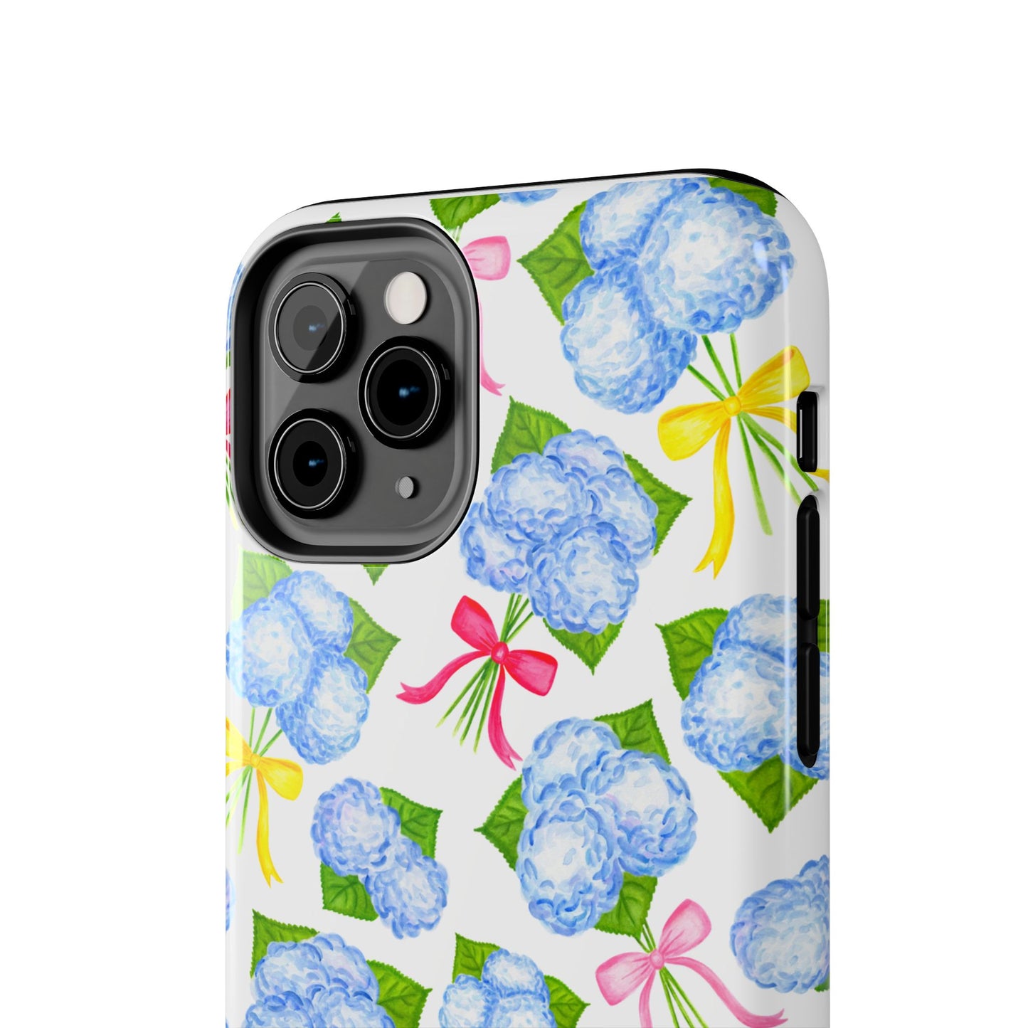 Blue Watercolor Hydrangea Bunches with Hot Pink, Yellow, Light Pink Bows Illustrated Patterned Tough Phone Case | Various Models