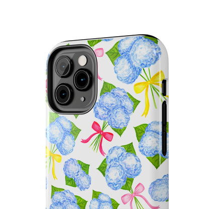 Blue Watercolor Hydrangea Bunches with Hot Pink, Yellow, Light Pink Bows Illustrated Patterned Tough Phone Case | Various Models