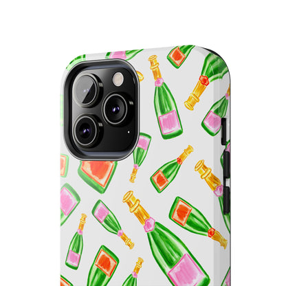 Tossed Pink and Green & Orange and Green Watercolor Illustrated Champagne Bottles Pattern Tough Phone Case | Various Models