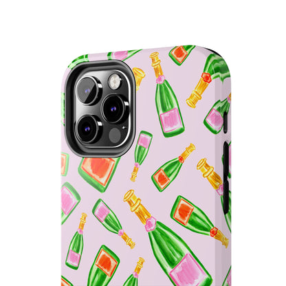 Tossed Pink and Green & Orange and Green Watercolor Illustrated Champagne Bottles Pattern Blush Pink Tough Phone Case | Various Models