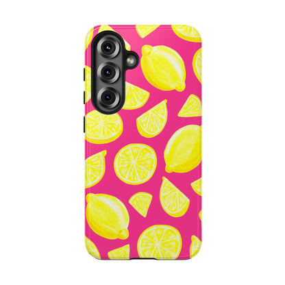 Bright Yellow Lemons Watercolor Illustrated Tossed Pattern Watermelon Pink Tough Phone Case | Various Models