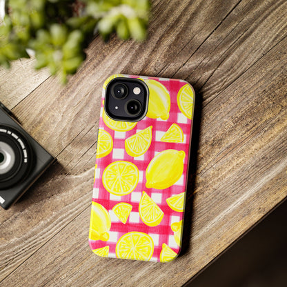 Yellow Lemons & Hot Pink Gingham Watercolor Illustrated Tough Phone Case | Various Models Available