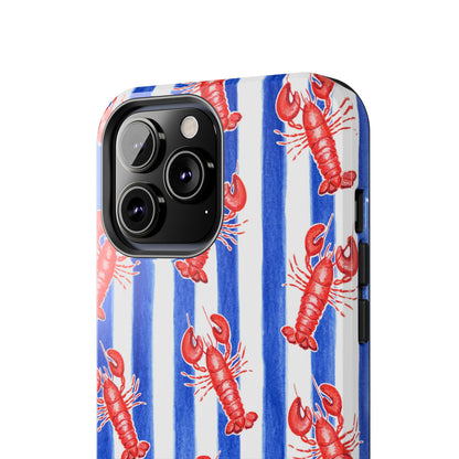 Blue & White Strip Red Lobster Watercolor Patterned Phone Case | Various Models