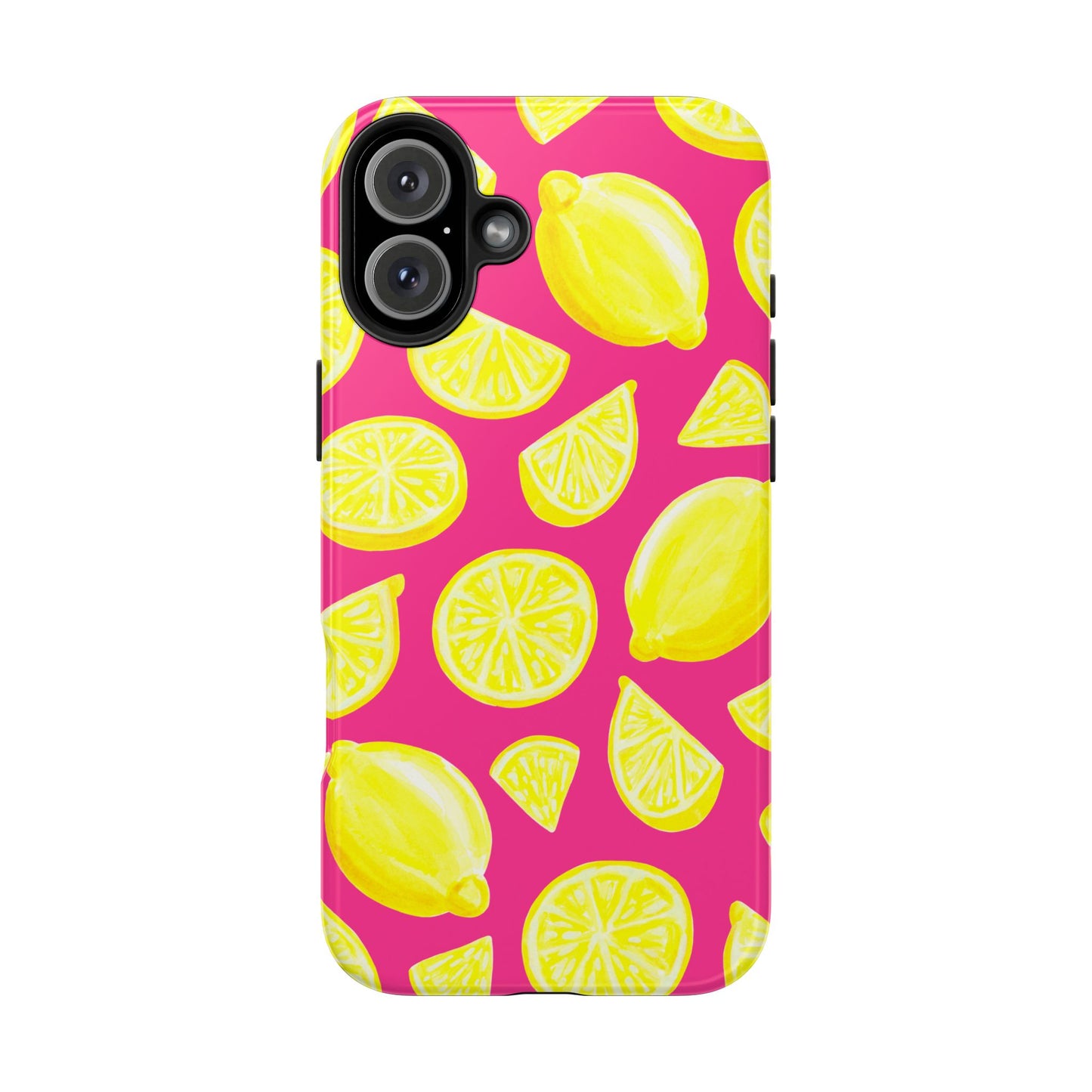 Bright Yellow Lemons Watercolor Illustrated Tossed Pattern Watermelon Pink Tough Phone Case | Various Models