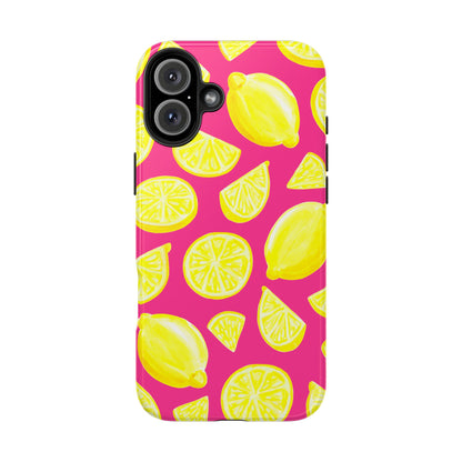 Bright Yellow Lemons Watercolor Illustrated Tossed Pattern Watermelon Pink Tough Phone Case | Various Models