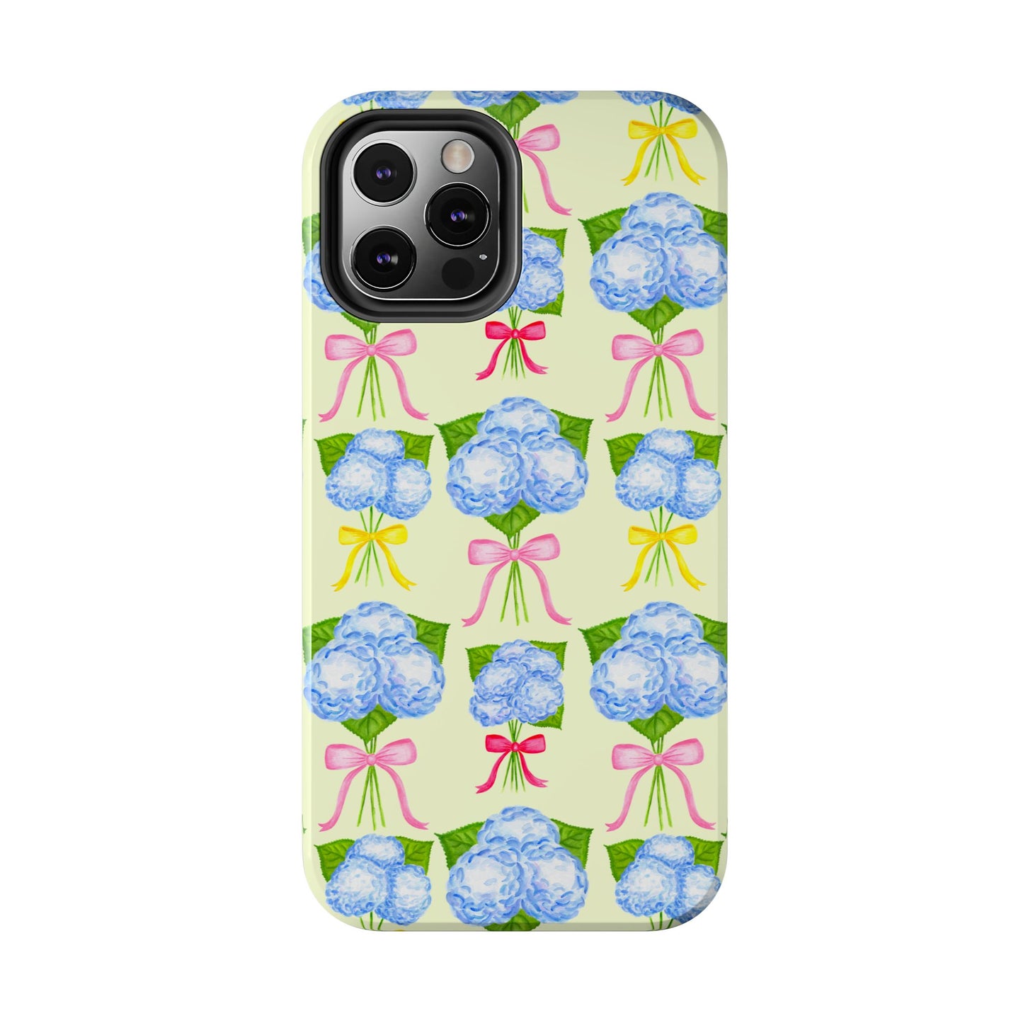 Blue Hydrangeas with Hot Pink, Yellow, Light Pink Bows Watercolor Illustrated Patterned Light Yellow Tough Phone Case | Various Models