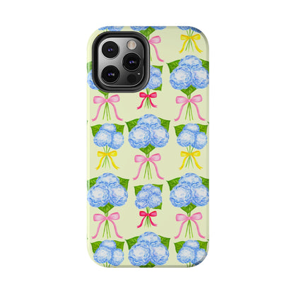 Blue Hydrangeas with Hot Pink, Yellow, Light Pink Bows Watercolor Illustrated Patterned Light Yellow Tough Phone Case | Various Models