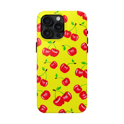Tossed Red Watercolor Cherries Illustrated Pattern Bright Yellow Tough Phone Case | Various Models